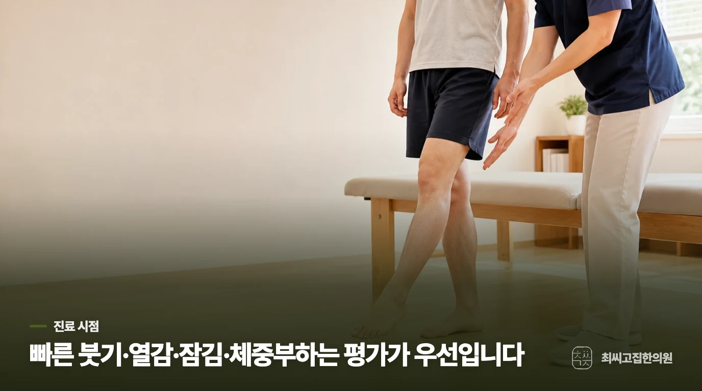 붓기와 잠김이 생기면 운동 조절만으로 넘기지 않습니다