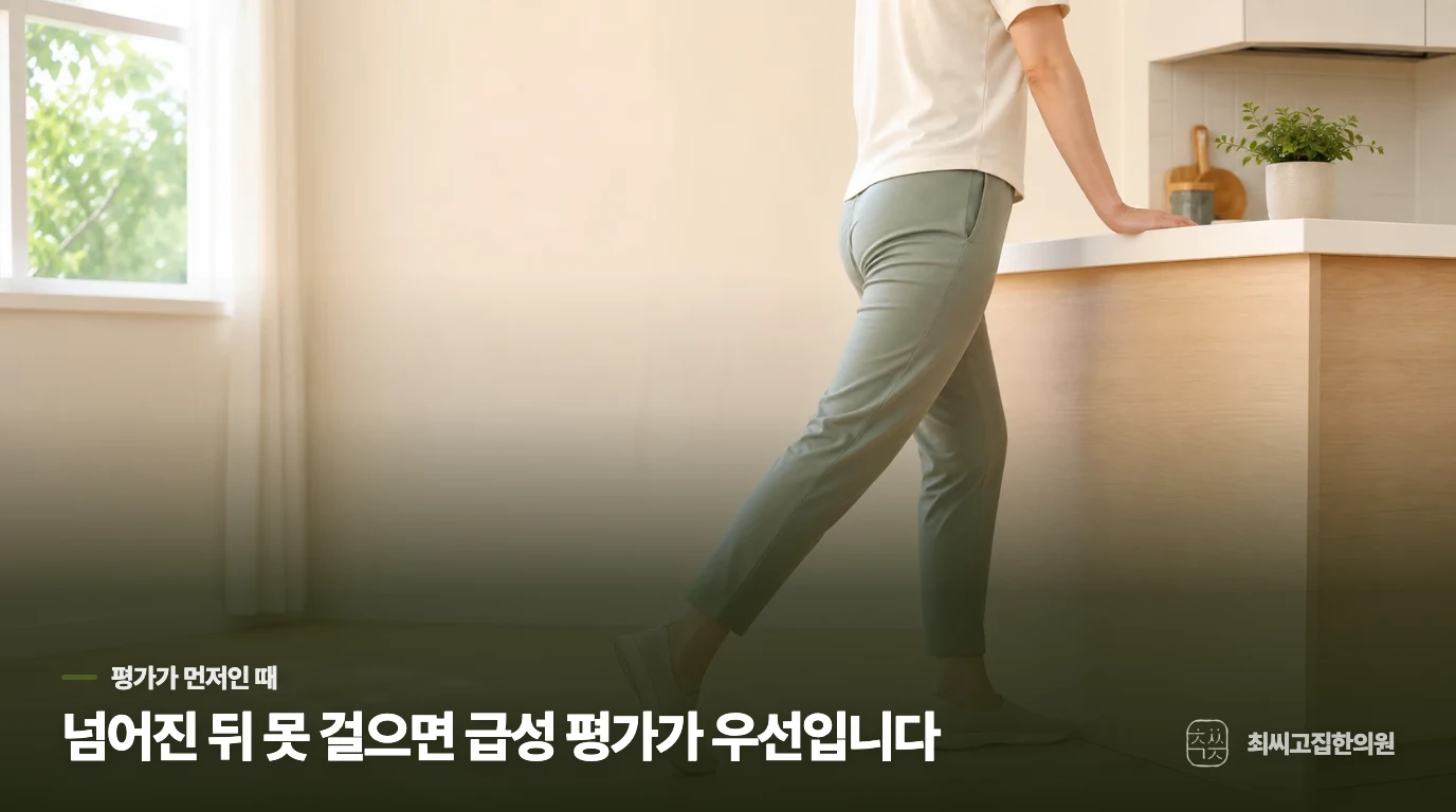 넘어진 뒤 못 걷거나 뜨겁게 붓는다면 생활 조절보다 평가가 앞섭니다